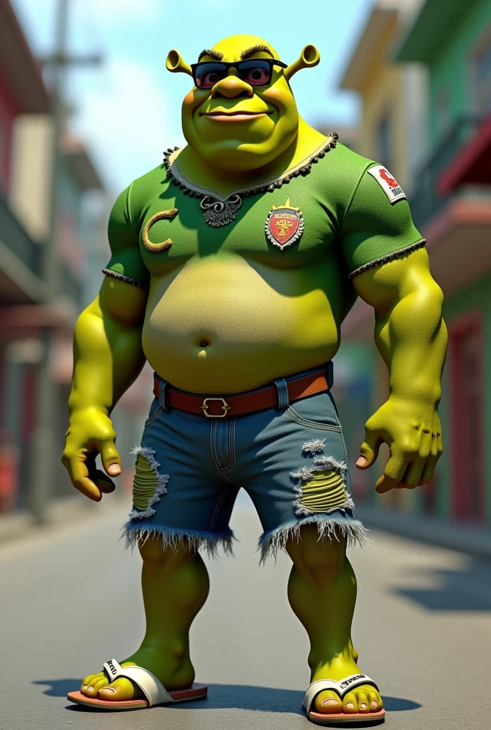 shrek with flamengo shirt, ripped denim shorts, white flip-flops and Juliet-style glasses from Okley. Rio de Janeiro drug dealer style