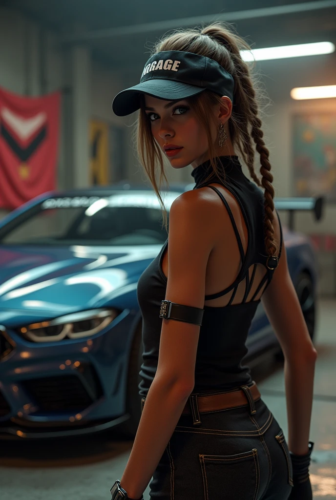 Gangsta girl with black bandana,bmw m8 in background,angarage text on flag,angarage text on cap,3d
