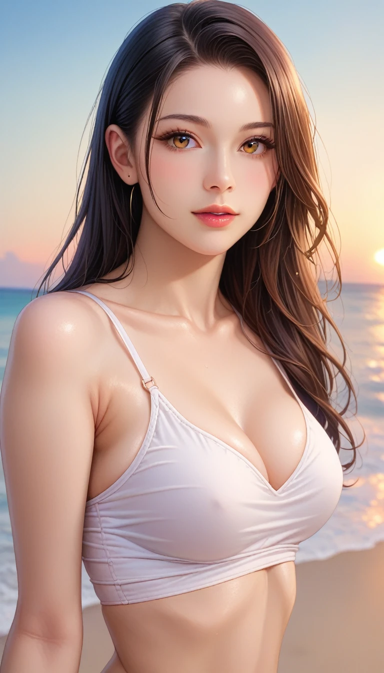 a beautiful elegant japanese actress with long black hair, delicate features, porcelain skin, and a serene expression, wearing a stylish swimsuit on a desolate beach at sunset, cinematic lighting, best quality, extremely detailed, highly realistic, deep depth of field, masterpiece, 32K resolution