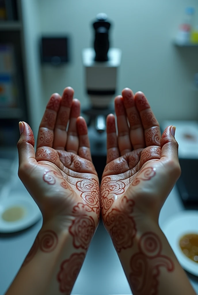 Show both different direction hand back side only mehndi ON hand background in pathology lab microscop