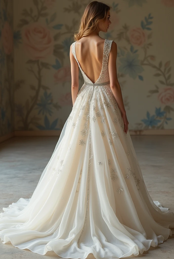 Wedding dress with medium straps that fit the arms leaving the shoulders bare creating a beautiful and rescued V-shaped neckline. It has a steed that fits the torso and accentuates the figure in a magnificent way. It ends with a thin diamond belt that surrounds the waist to start a thick skirt made of layers with floral chiffon and small crystals. The back of the dress is practically transparent and is covered with a fabric dotted with flowers that make up the skirt.