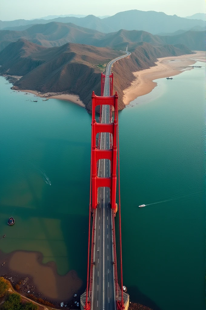 A drone shot of a red color bridge, it's in between a blue sea and muddy water, some boats looking very small can be visible, day time, volumetric lighting. 