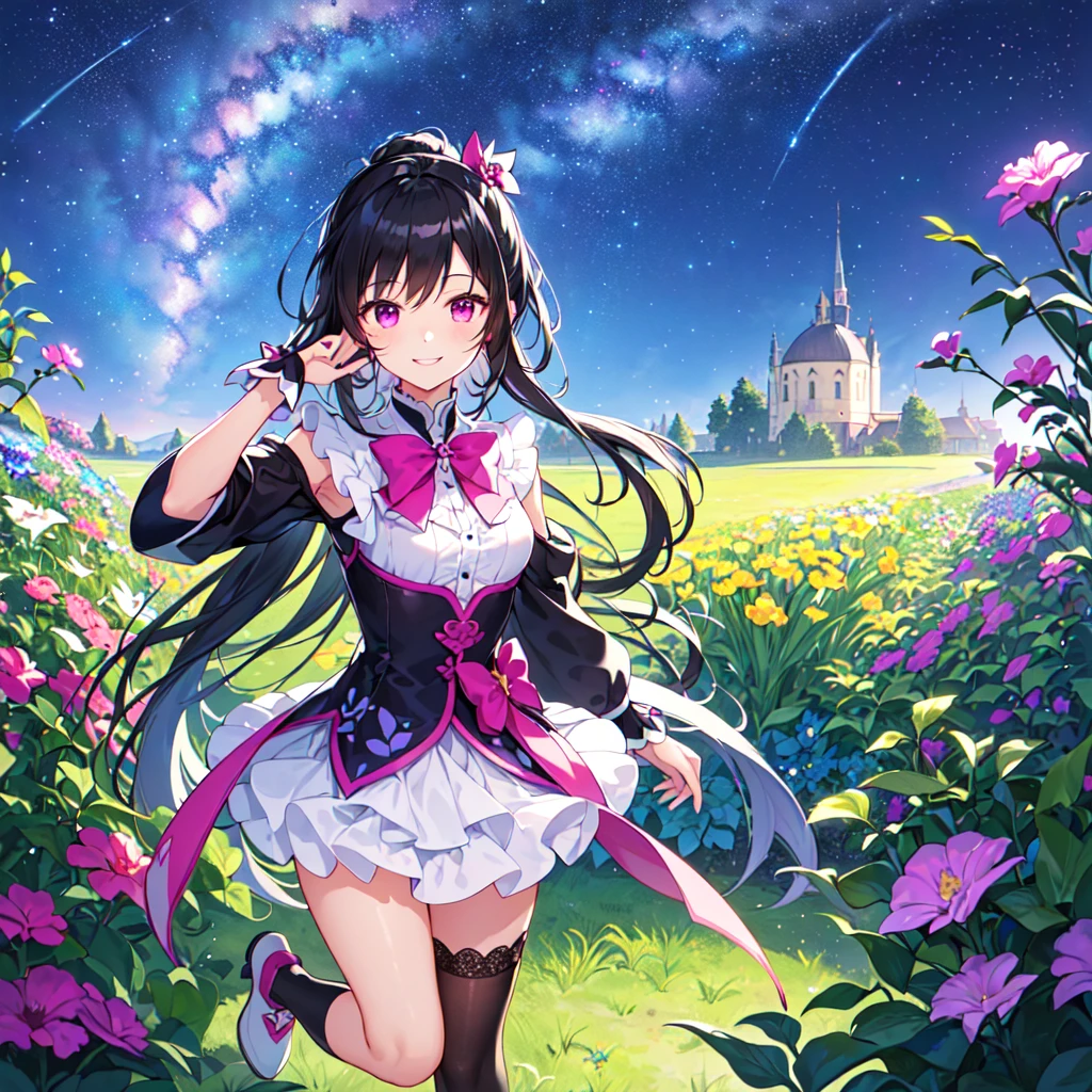 masterpiece, best quality, high quality, extremely detailed, very delicate and beautiful, (1female 1 adult solo:1.5), (long black hair up two sides:1.5), bangs to eyebrows, eyes sharp and bright (eye color: magenta:1.3), 6.5 head height, (Lace Frill Magical Girl Fashion with Starry Sky Print:1.3), (knee socks), (standing), (dynamic pose), (smiling), (Summer Garden:1.3), (Milky Way Night Sky:1.3)