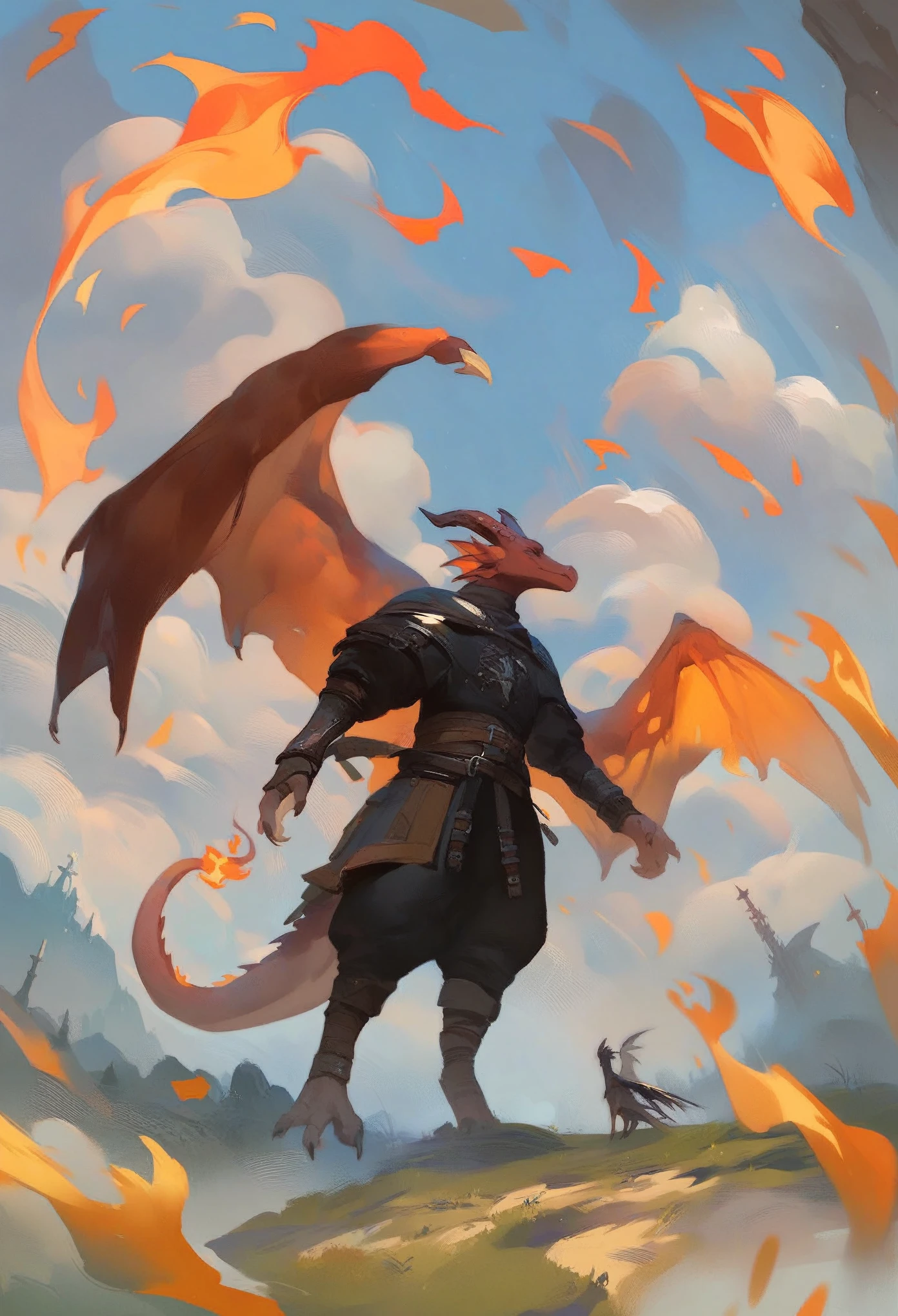 score_9, score_8_up, score_7_up, score_6_up, score_5_up, score_4_up,two knights on a hill with a dragon behind them. Open wings, flames, dark atmosphere, dark medieval style, dark fantasy style