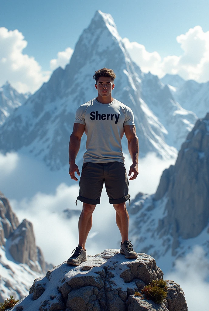 19 years muscular boy standing on mountains display the name sherry on his shirt