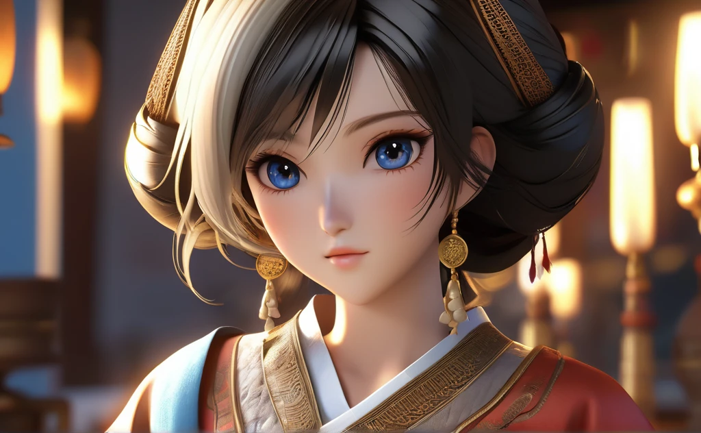 a poor woman named mai valentine, 2, steching clothes , ancient times, well clothed, 3d, realistic anime character, extremely detailed face and eyes, intricate details, photorealistic, cinematic lighting, dramatic shadows, beautiful blue eyes, delicate facial features, elegant hairstyle, detailed clothing, warm colors, masterpiece, 8k