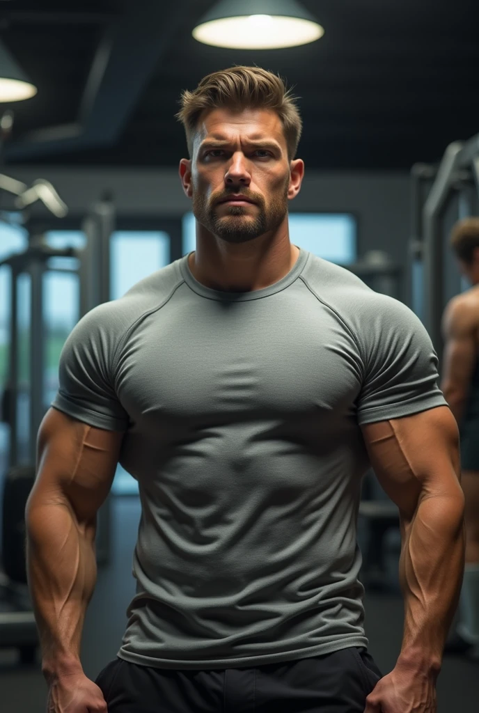 Muscular man in the gym wearing a round neck polo shirt, Please, the polo shirt should not have a shirt collar.