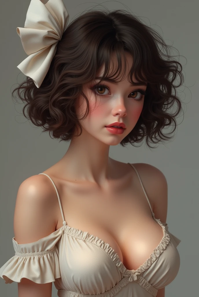 (photorealism:1.2), beautiful girl, . She has short, curly shoulder-length hair and a large bow in the back of her hair. Both cheeks are covered with hair. She has big breasts