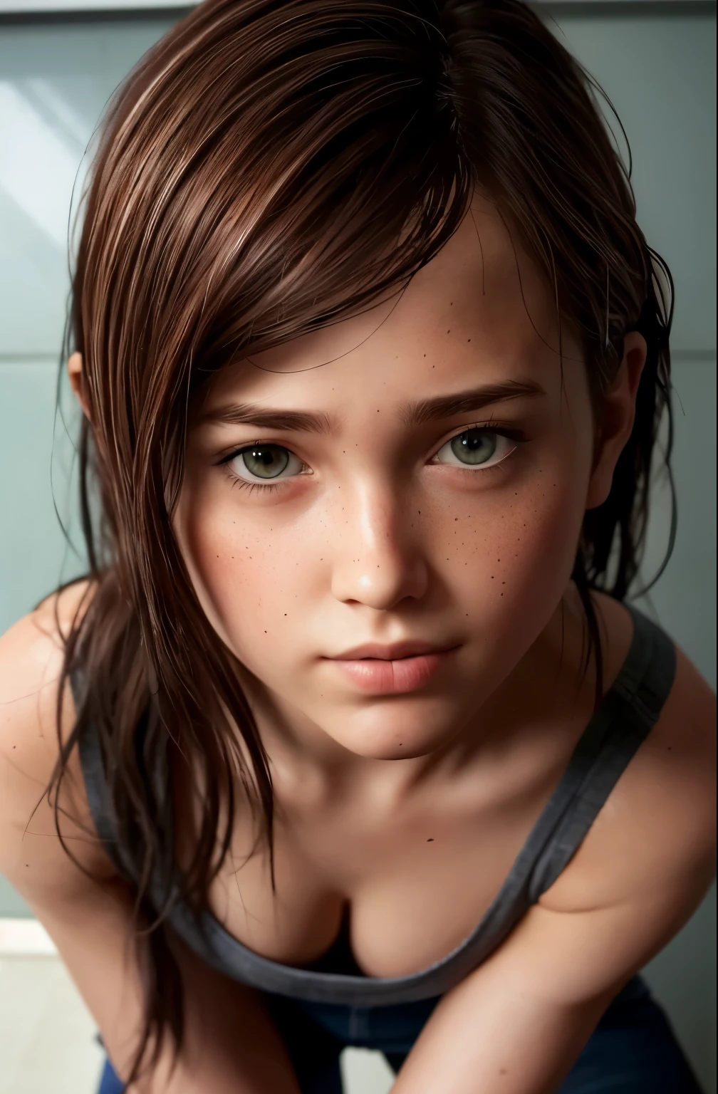 hyperealistic contrasted photo, portrait of 
Nineteen years old, ellie from the last of us, low ponytail,
turn head (look at the viewer, eye contact:1.3) (face closeup:1.5)
full body view, short in height, exposed figure, holding a white towel, standing in front of a shower, wet hair, wet skin, freckles, very small breasts, super high detail, super high quality, hot, open legs, shy smile,
(parted lips:1.1)
(upper body:1.5) (contrapposto:1.3),