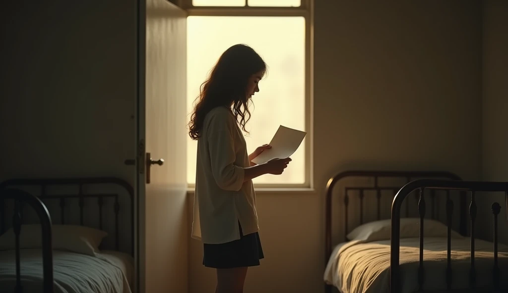 Create a realistic image. A quiet dormitory room at dawn, bathed in the soft light of early morning. The bed is neatly made, but the room feels eerily empty. A young woman stands alone, side view , holding a note with a look of shock and crying. The note is written in a familiar handwriting, and the room, though peaceful, carries a lingering sense of dread and unresolved mystery." camera from out side the room