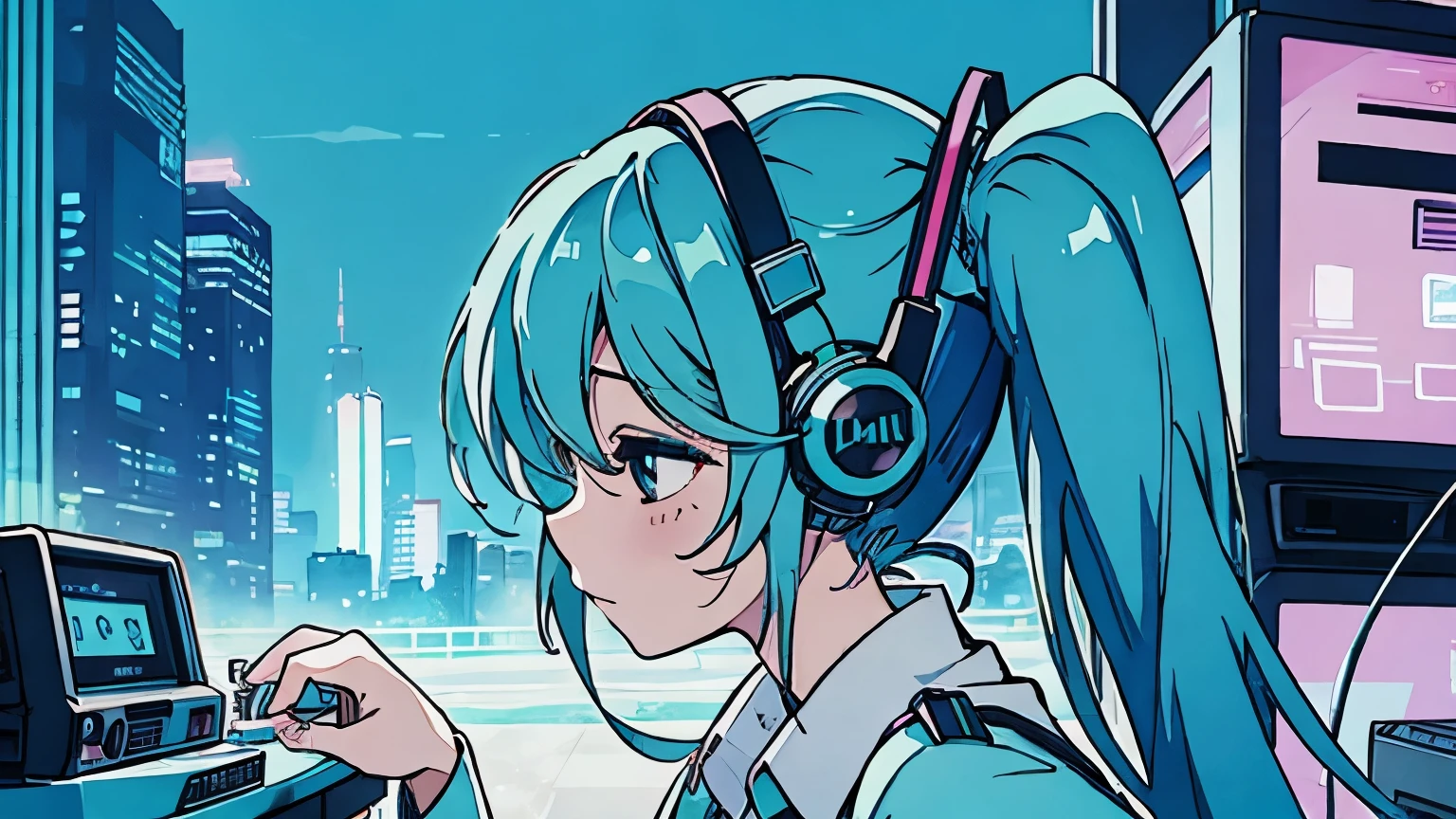 Hatsune Miku、the 90s,dawn,Emotional,,Cassette tape headphones,profile