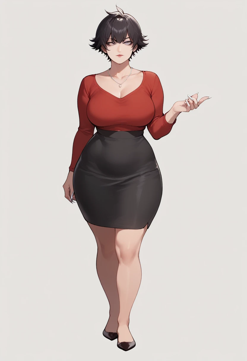 Score_9, score_8_up, score_7_up, score_6_up, source_anime, Nyantcha style, 1girl, solo, Short black hair, hair bangs, pale skin, short hairstyle, tomboy hairstyle, adult woman, mature woman, 50 years old, detailed eyes, milf, large breasts, wide hips, thick thighs, shapely legs, entire body showing, long fingernails, white nail polish, standing, red blouse, collarbone showing, necklace, long black pencil skirt, ballerina flats shoes, black footwear, flats shoes, standing