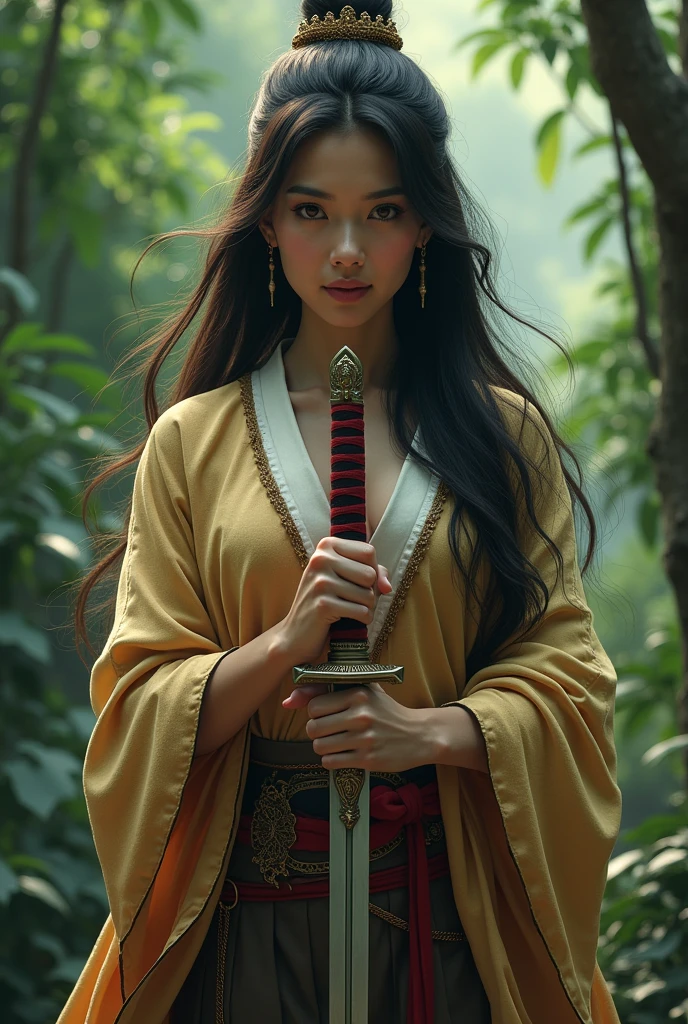 Picture of a Thai woman with long hair holding a samurai sword.