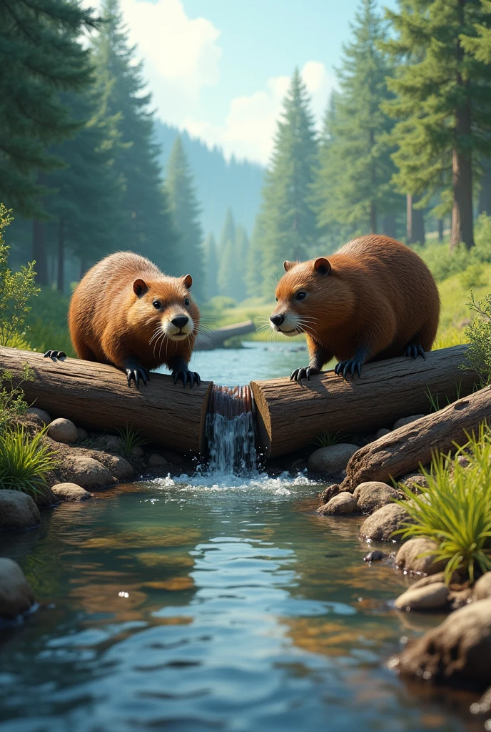 American beavers building a dam