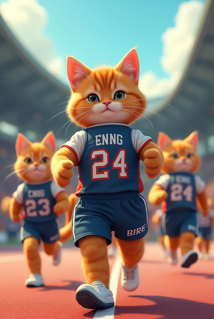 The main character, a cat, is heading to the venue for a sports event with his cat friends.。Cats in uniform、Each person's name is written on the back。Demonstrating the results of hard work、I'm attending a competition