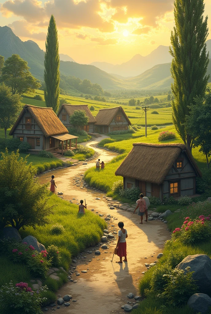 “Capture a serene village nestled in the countryside during the golden hour. The scene should include quaint cottages with thatched roofs, a winding dirt path, lush green fields, and tall trees swaying gently in the breeze. A small stream flows through the village, reflecting the warm hues of the setting sun. Villagers can be seen engaging in daily activities, such as children playing, farmers tending to their crops, and elders chatting by the roadside. The overall atmosphere should evoke a sense of peace and simplicity, with vibrant colors and intricate details that bring the village to life in landscape .”