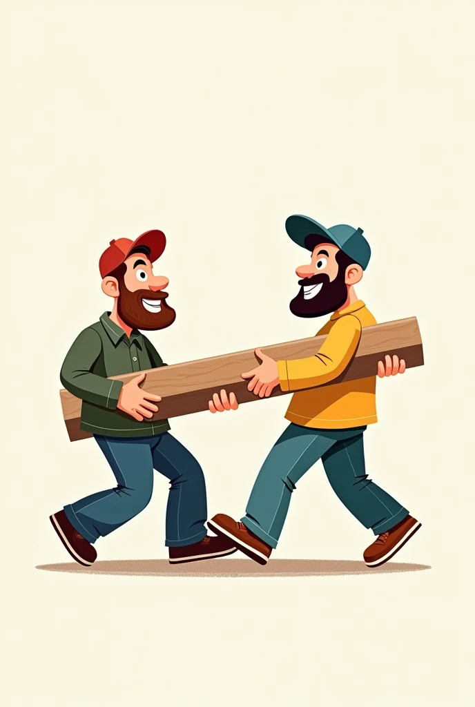 two man cartoon version, carrying wooden board with brother's design logo written on it