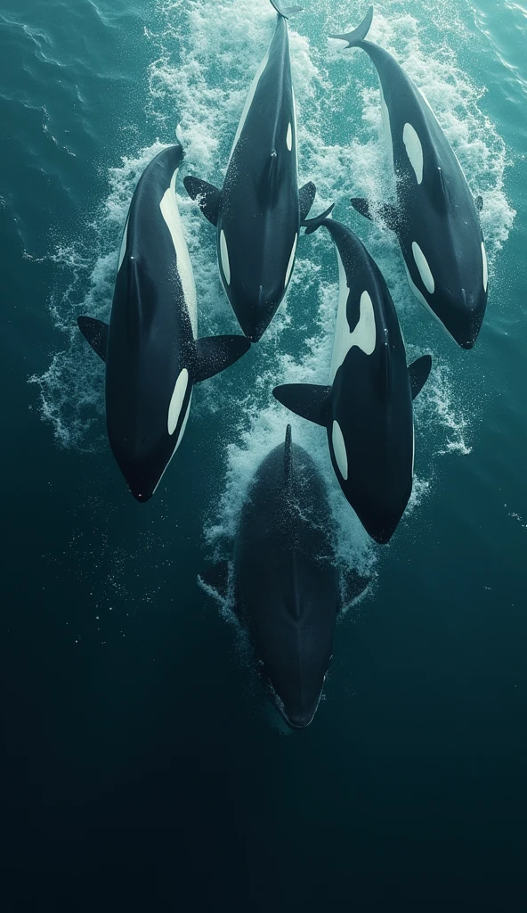 Several killer whales attacking a shark, today, in the ocean, killer whales are strategically positioned around a shark, aggressive chase captured in mid-action, deep sea with shadows in the background, dynamic close-up, hyper-realistic photo realism, cinematography --ar 9:16.