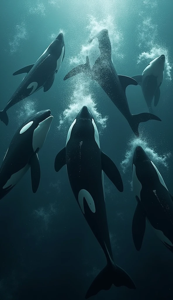 Several killer whales attacking a shark, today, in the ocean, killer whales are strategically positioned around a shark, aggressive chase captured in mid-action, deep sea with shadows in the background, dynamic close-up, hyper-realistic photo realism, cinematography --ar 9:16.