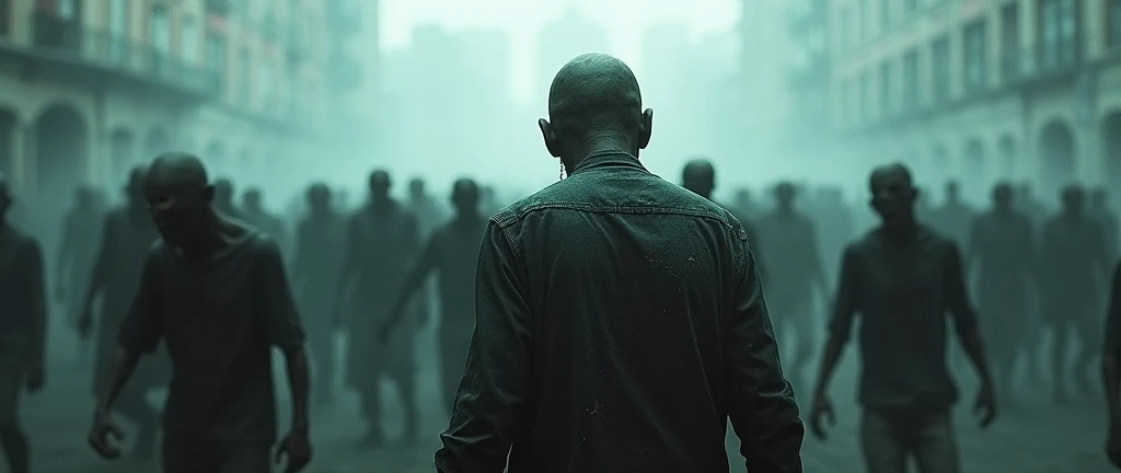 many zombies seen from behind, walking towards a city, scary scenery with fog, hyper-realistic.