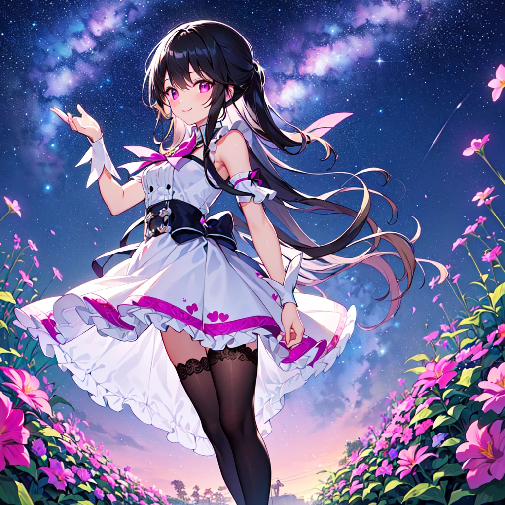 masterpiece, best quality, high quality, extremely detailed, very delicate and beautiful, (1female 1 adult solo:1.5), (long black hair up two sides:1.5), bangs to eyebrows, eyes sharp and bright (eye color: magenta:1.3), 6.5 head height, (Lace Frill Magical Girl Fashion with Starry Sky Print:1.3), (knee socks), (standing), (dynamic pose), (smiling), (Summer Garden:1.3), (Milky Way Night Sky:1.3)