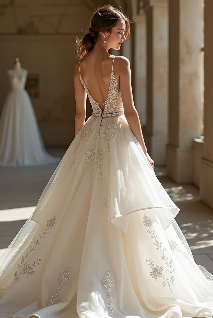 Wedding dress with medium straps that fit the arms leaving the shoulders bare creating a beautiful and rescued V-shaped neckline. It has a steed that fits the torso and accentuates the figure in a magnificent way. It ends with a thin diamond belt that surrounds the waist to start a thick skirt made of layers with floral chiffon and small crystals. The back of the dress is practically transparent and is covered with a fabric dotted with flowers that make up the skirt.