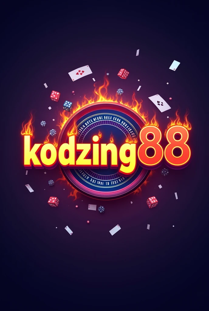 Simple “KODZING88” logo design, about gambling, hot colored letters in the middle of burning baccarat, surrounded by dice and cards, purple-blue background.