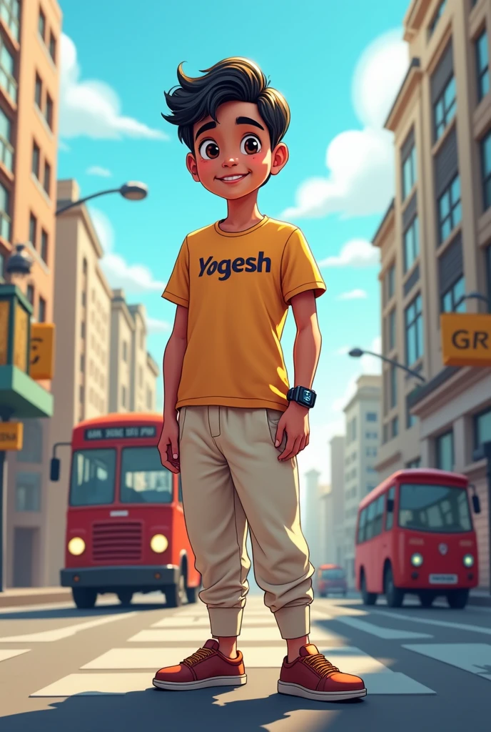 1 boy stand in the London she is name is "yogesh" written in the t shirt 2d cartoon his age is 15 years and his hand smart watch and wear kurta paizama
