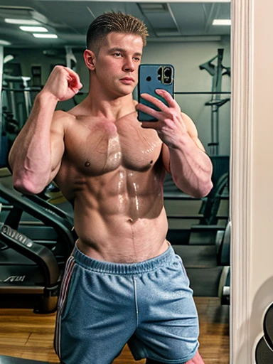 1boy,solo,yaoi,bara,male focus,fairly nsfw,uncersored,highres,best quality,amazing quality,best aesthetic,absurdres,quincy,mirror selfie,topless male,sweat,gym shorts, gym,