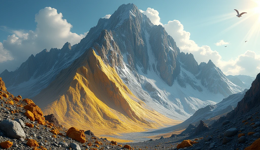 There is a high mountain,There are many gold ores on its sunny side.,On the shady side there are a lot of platinum ores.(best quality,4K,8k,High level,masterpiece:1.2),Ultra Detailed,(lifelike,Photo real,Photo real:1.37)