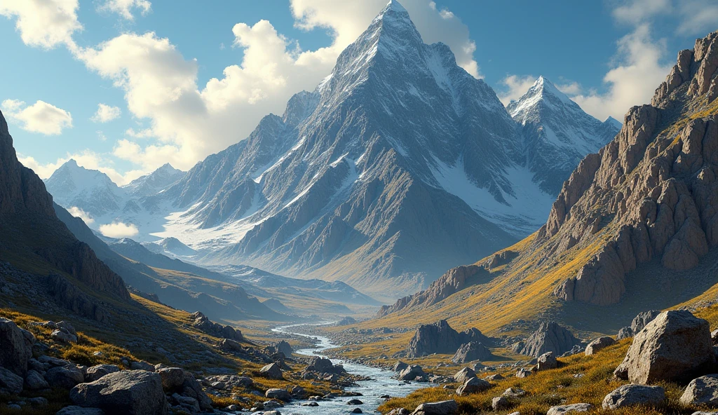 There is a high mountain，There are many gold ores on its sunny side.，On the shady side there are a lot of platinum ores.（best quality，4K，8k，High level，masterpiece：1.2），Ultra Detailed，（lifelike，Photo real，Photo real：1.37）