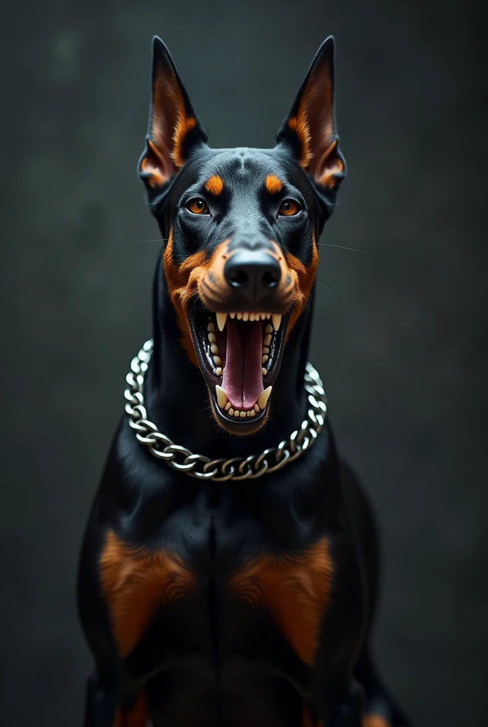 A Doberman dog attacks, has a chain necklace