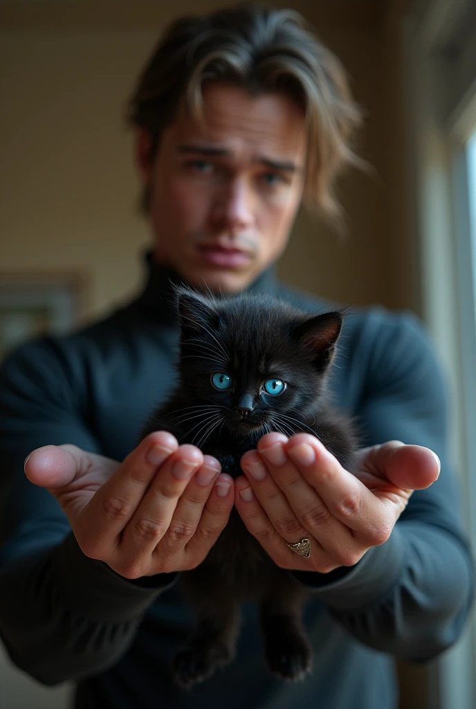 a superhero similar to young Brad Pitt in his 2 holds in his hands a very small black kitten with blue eyes