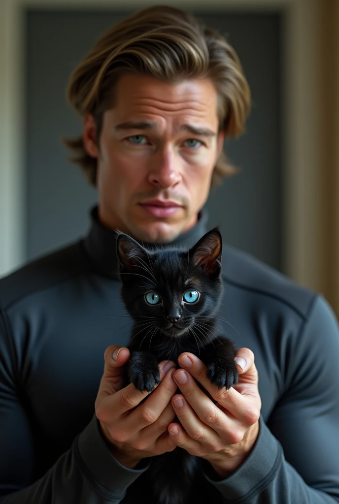 a superhero similar to young Brad Pitt in his 2 holds in his hands a very small black kitten with blue eyes