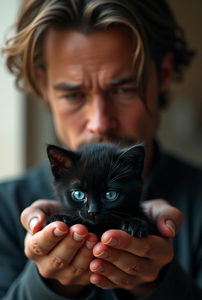a superhero similar to young Brad Pitt in his 2 holds in his hands a very small black kitten with blue eyes
