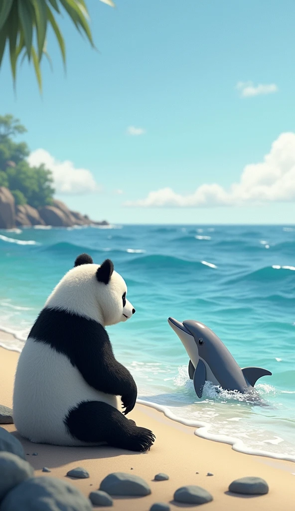 On the edge of ocean panda is sitting and meets a dolphin which is beautiful