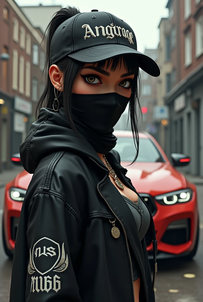 Gangsta girl with black bandana,bmw m8 in background,angarage text on flag,angarage detailing text on cap,3d