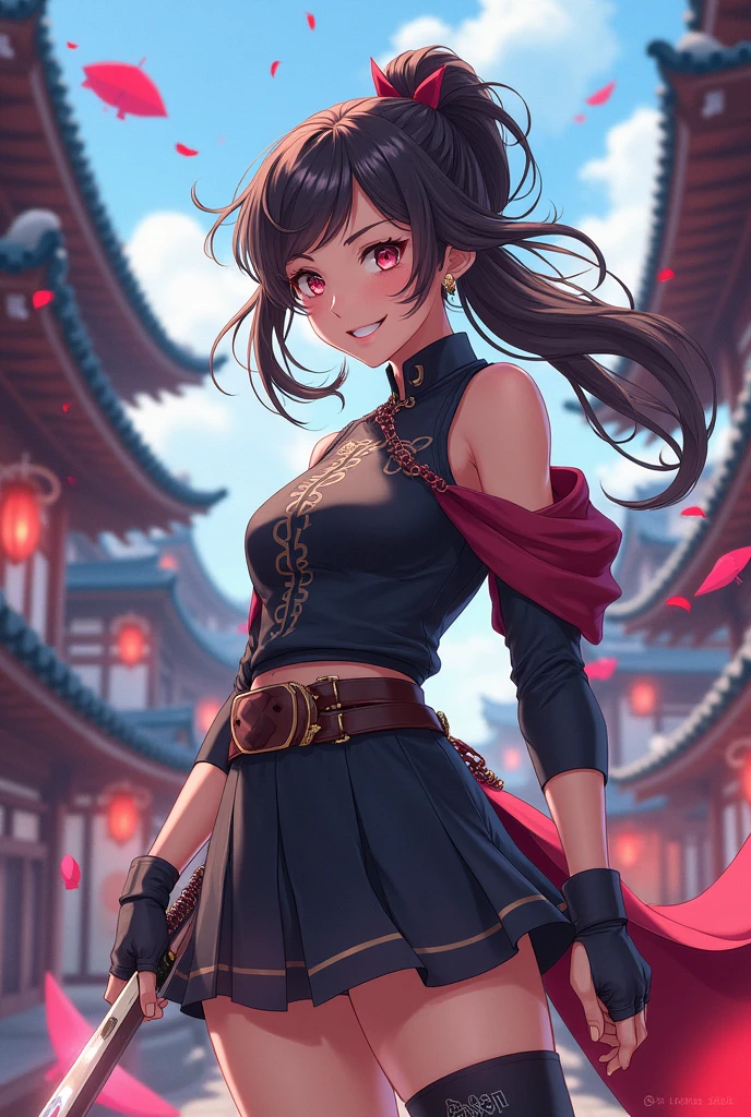 A character in Demon Slayer who is a brave and straightforward girl, Always ready to face the demons with a smile. He has a gift for seeing through lies., which makes you the strategist of the group. In hand-to-hand combat, His movements are fluid and precise., and you enjoy challenging your opponents with quick quips.He always supports his friends with sincerity and a touch of humor., turning the fight into a true dance of dreams. The image has to be Demon Slayer type animation.