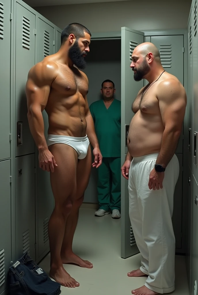 A handsome bearded hairy muscular Puerto Rican man in white underwear, wearing green surgical pants, with open cabinet, in a small locker room, with a young man in front, fatter, sobrepeso, calvo, standing discreetly watching him shirtless wearing long white pants and white shoes. Surrounded by gray cabinets. Black shirt and blue jeans on the floor. Man in green surgical suit in surgical center in background.