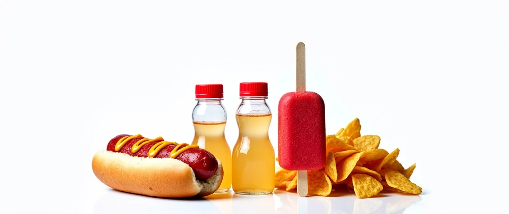 A realistic photo of a food stand displaying small plastic bottles of orange soda, like the ones in the image, alongside a bright red popsicle, a hot dog with ketchup and mustard, and a serving of nacho chips. The items are neatly arranged on the counter, with soft lighting highlighting their details.