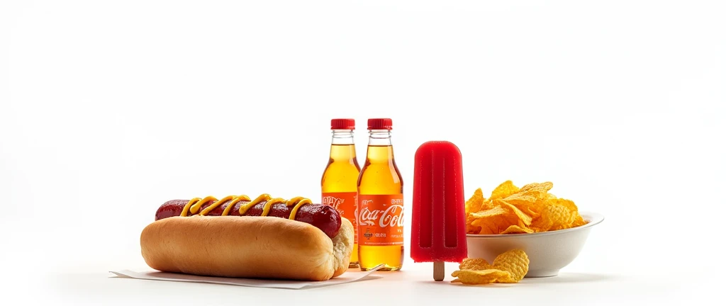 A realistic photo of a food stand displaying small plastic bottles of orange soda, like the ones in the image, alongside a bright red popsicle, a hot dog with ketchup and mustard, and a serving of nacho chips. The items are neatly arranged on the counter, with soft lighting highlighting their details.