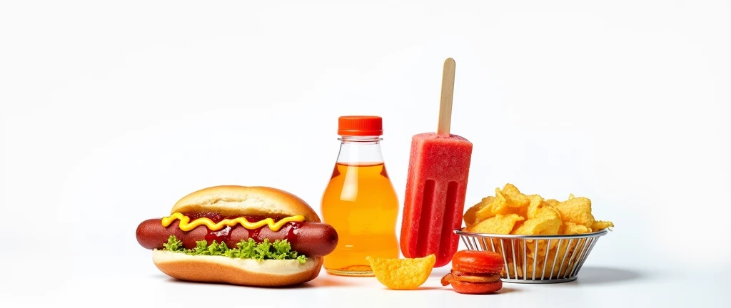A realistic photo of a food stand displaying small plastic bottles of orange soda, like the ones in the image, alongside a bright red popsicle, a hot dog with ketchup and mustard, and a serving of nacho chips. The items are neatly arranged on the counter, with soft lighting highlighting their details.