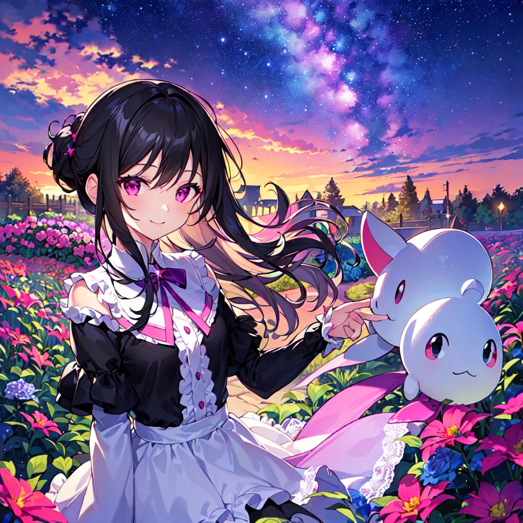 masterpiece, best quality, high quality, extremely detailed, very delicate and beautiful, (1female 1 adult solo:1.5), (long black hair up two sides:1.5), bangs to eyebrows, eyes sharp and bright (eye color: magenta:1.3), 6.5 head height, (Lace Frill Magical Girl Fashion with Starry Sky Print:1.3), (knee socks), (standing), (dynamic pose), (smiling), (Summer Garden:1.3), (Milky Way Night Sky:1.3), (upper body:1.3)