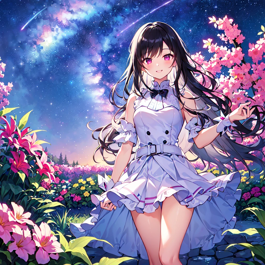 masterpiece, best quality, high quality, extremely detailed, very delicate and beautiful, (1female 1 adult solo:1.5), (long black hair up two sides:1.5), bangs to eyebrows, eyes sharp and bright (eye color: magenta:1.3), 6.5 head height, (Lace Frill Magical Girl Fashion with Starry Sky Print:1.3), (knee socks), (standing), (dynamic pose), (smiling), (Summer Garden:1.3), (Milky Way Night Sky:1.3), (upper body:1.3)