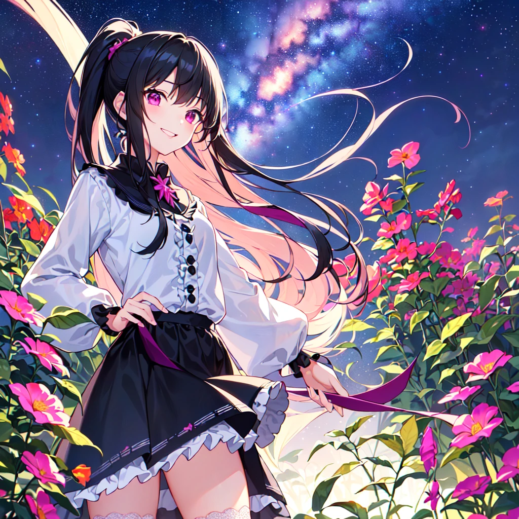 masterpiece, best quality, high quality, extremely detailed, very delicate and beautiful, (1female 1 adult solo:1.5), (long black hair up two sides:1.5), bangs to eyebrows, eyes sharp and bright (eye color: magenta:1.3), 6.5 head height, (Lace Frill Magical Girl Fashion with Starry Sky Print:1.3), (knee socks), (standing), (dynamic pose), (smiling), (Summer Garden:1.3), (Milky Way Night Sky:1.3), (upper body:1.3)