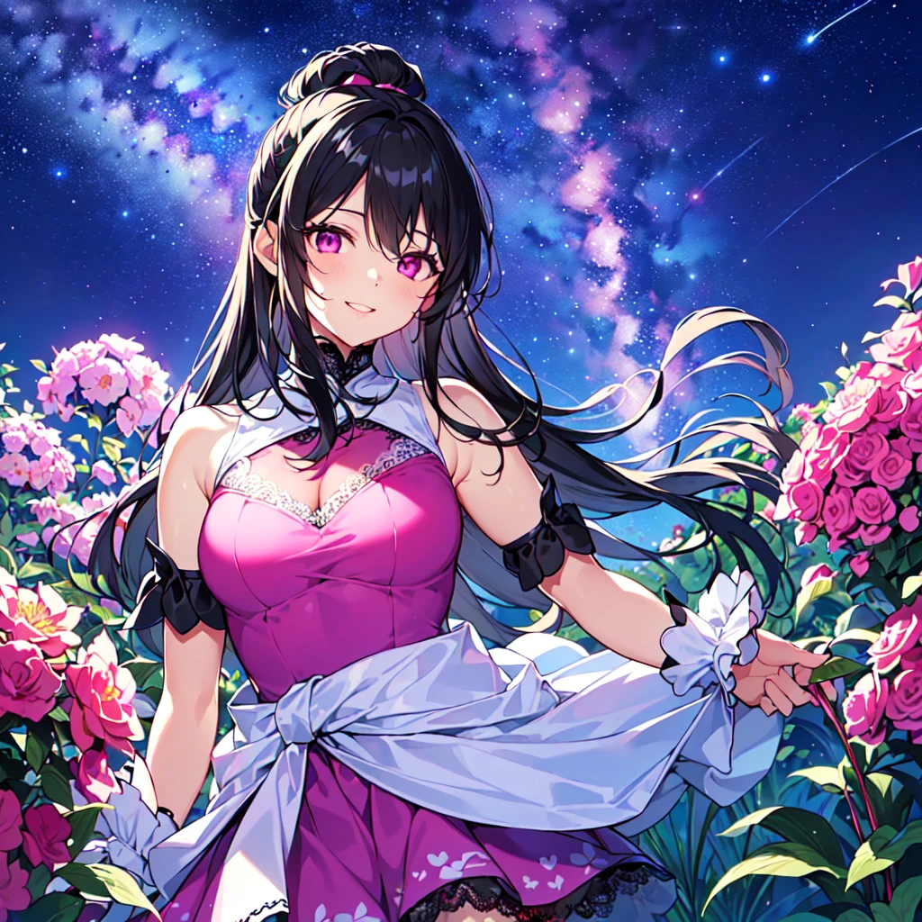masterpiece, best quality, high quality, extremely detailed, very delicate and beautiful, (1female 1 adult solo:1.5), (long black hair up two sides:1.5), bangs to eyebrows, eyes sharp and bright (eye color: magenta:1.3), 6.5 head height, (Lace Frill Magical Girl Fashion with Starry Sky Print:1.3), (knee socks), (standing), (dynamic pose), (smiling), (Summer Garden:1.3), (Milky Way Night Sky:1.3), (upper body:1.3)