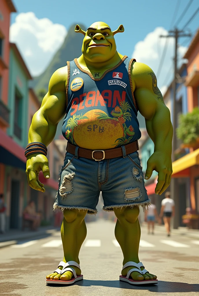 shrek with team jersey, ripped denim shorts and white flip-flops . Rio de Janeiro drug dealer style