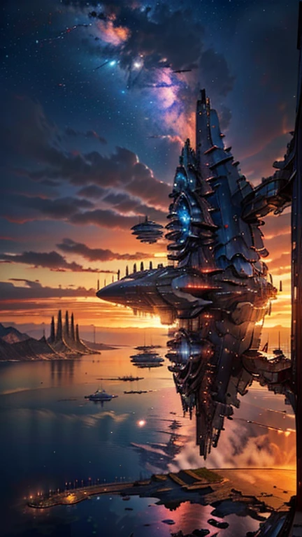 Super spaceship shaped like a ship hovering over a large lake, ultra detalhada, city in the distance, a nebula lighting up the sky, sci-fi, 