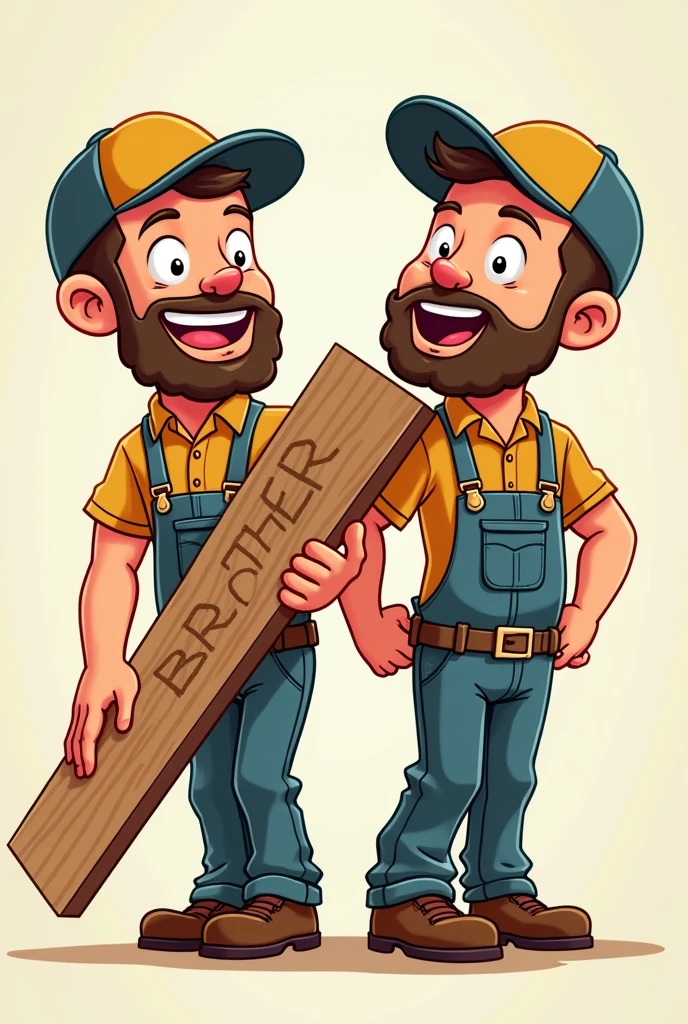 two man cartoon version, carrying wooden board with brother's design written on it