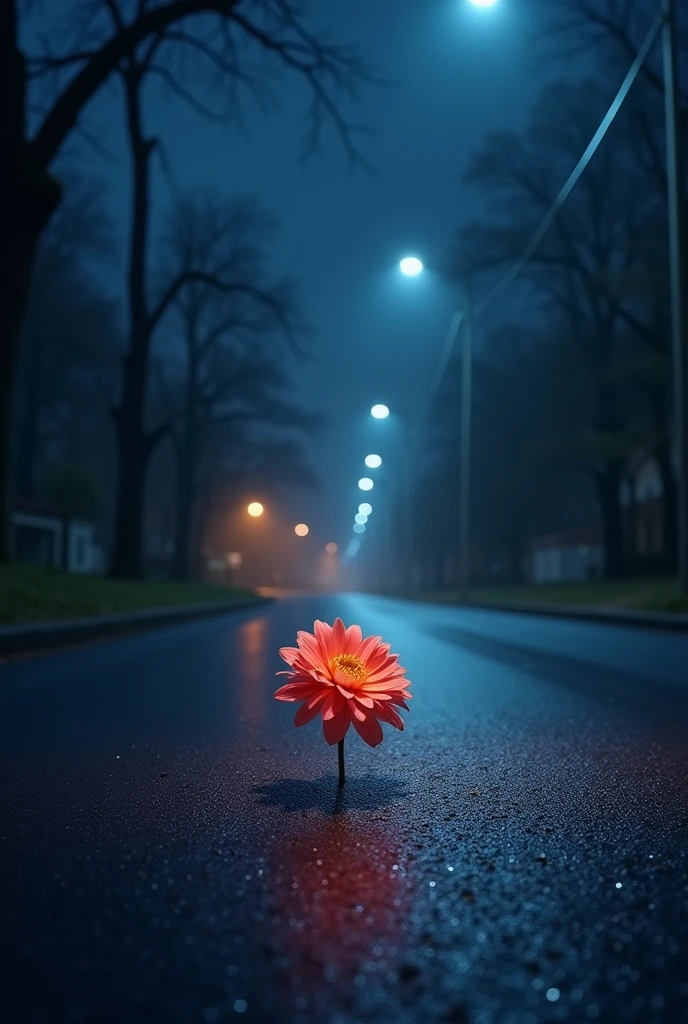 One beautiful flower on road at night street light 